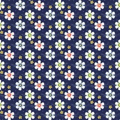 Vintage Floral Seamless Pattern. Cosmos Flower. Small White Flowers on Dark Background. Vector illustration