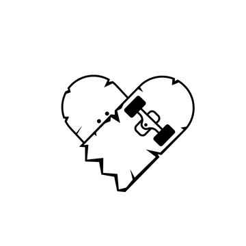 Broken skateboard heart outline icon. Clipart image isolated on white background