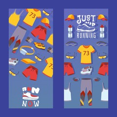 Sport clothes for fitness and running, vertical banners, vector illustration. Flat style icons of outfit collection, accessories for active runners. Emblem with text run now. T-shirt, leggings, shorts