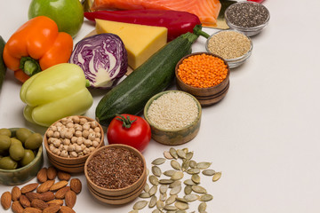 Set of healthy food for balanced nutrition: salmon, cheese