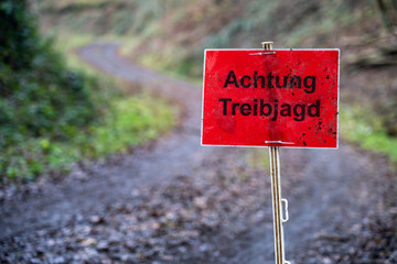 Treibjagd Warnschild im Wald