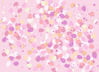 Vector illustration Happy Easter composition. Easter eggs, confetti on pink background. Flat lay, top view