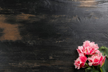 Bunch of spring flowers on textured table backgound with a lot of copy space for text. Top view,...