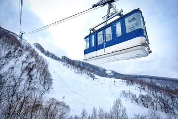 Tenguyama ropeway transport from the base of the mountain to the top in winter season