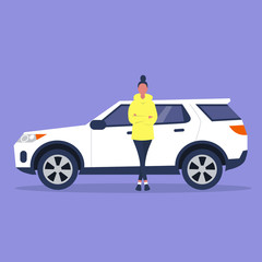 Young female character in full length leaning against a sport car, flat vector illustration