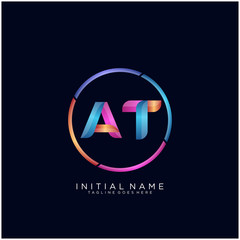 Initial letter AT curve rounded logo, gradient vibrant colorful glossy colors on black background