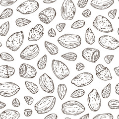 Hand drawn Almonds Seamless pattern. Nuts and kernels. Vector illustration