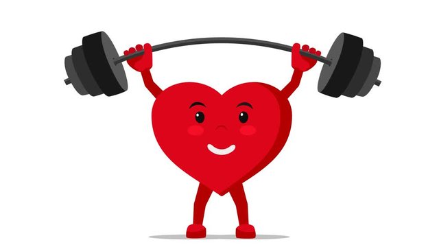 The character heart is engaged in sports raises the barbell. Looped animation, alpha channel.