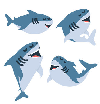 Cartoon sharks  in different actions set