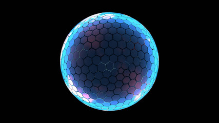 3D Rendering of hexagon grid sphere nano shield with glowing edge color and dim at center for your text, logo, product. Concept of protection, anti virus, security. - obrazy, fototapety, plakaty