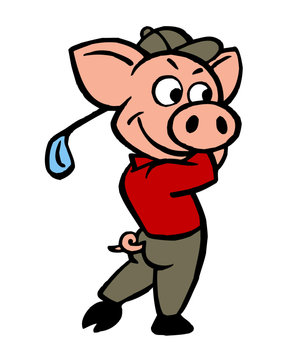 Piggy mascot playing golf with baseball cap, shirt and trousers, color clipart