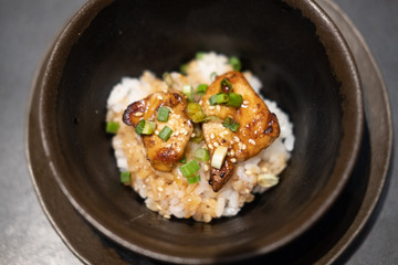 Grilled foie gras on top rice