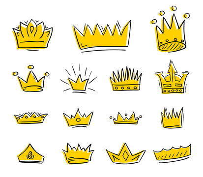 Hand drawn golden crowns draft set. Vector illustration.