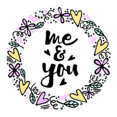 Vector frame with plants, hearts and design elements for invitations and greeting cards in doodle style