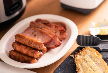 Cooking breakfast menu on kitchen counter bar.