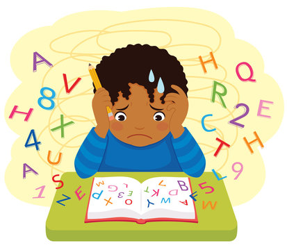 Dyslexia and learning difficulties. Dark skinned confused kid looking at letters and numbers flying out of a book.