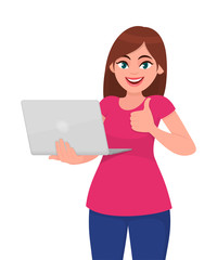 Young woman holding laptop computer and thumbs up gesture. Trendy girl using gadget and showing good or like sign. Female character design illustration. Modern technology in vector cartoon style.
