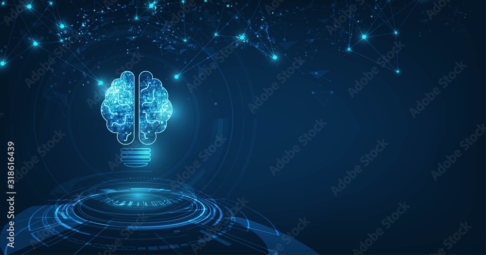 Poster vector circle tech with light blue and lamp bulb,concept of thinking with brain, abstract ai(artific