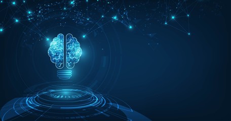 Vector circle tech with light blue and lamp bulb,Concept of thinking with brain, Abstract AI(Artificial Intelligence)on Technology  background