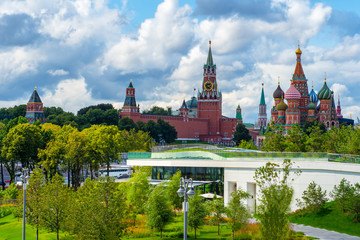 Moscow. Russia. Park Zaryadye. View of the Kremlin from Zaryadye Park. St. Basil's Cathedral is blessed. Panorama of Moscow. Moscow skyline on a summer day. Spasskaya Tower. Cities of Russia.