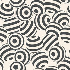 Scattered striped balls. Abstract bicolor geometric seamless pattern. Vector illustration.