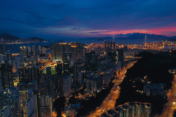 Fototapeta premium Aerial view of Hong Kong City at twilight time.