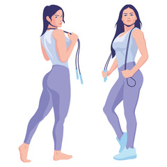 Fitness girl with skipping rope in hands. Sports girl. Flat design. Isolated Vector illustration on a white background