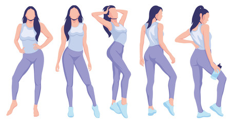 Fitness girl posing. Sport girls. Flat design. Isolated vector illustration on white background