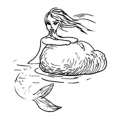 Mermaid near rock. Drawn vector black and white illustration.