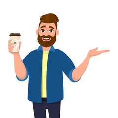 Happy bearded trendy man holding a coffee cup and pointing, showing or presenting hand palm to copy space side away. Male character design illustration. Modern lifestyle, food and drink concept.