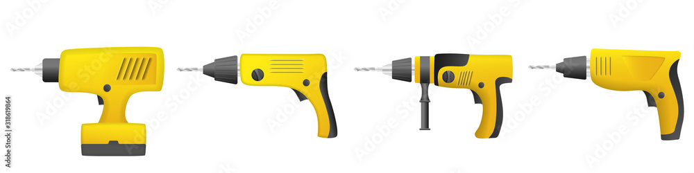 Poster drilling machine icons set. realistic set of drilling machine vector icons for web design isolated o