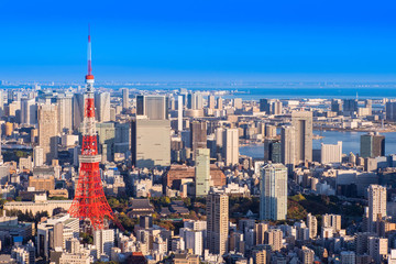 Obraz premium Japan. Tokyo on the background the blue sky. Japanese city view from a drone. Panorama of the city with a bay in the distance. Japan on a summer day. Traveling around the cities of Japan.