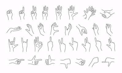 Hands in various gestures. Line design. Flat design modern vector illustration concept.