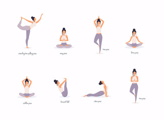 Woman in various poses of yoga. Shapes of woman doing yoga fitness workout. Set of yoga positions.
