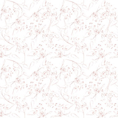 Watercolor painted floral seamless pattern. Pink sparkle gold line flowers, leaves and branches isolated on white background.