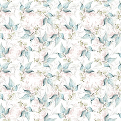 Watercolor painted floral seamless pattern. Airy delicate leaves, branches, eucalyptus and pink sparkle gold splashes isolated on white background.