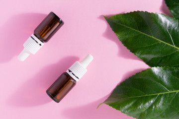 cosmetics concept, glass bottles with cosmetic product and green leaves of a plant on a pink background