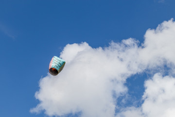 Shifen, Taiwan - SEP 14, 2019: Floating lanterns in blue sky background.