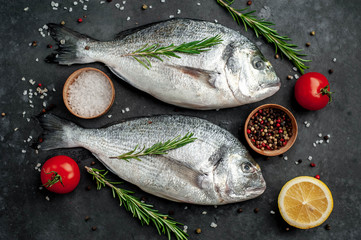 Fresh dorado fish with spices and ingredients tomato, razmorin, sunflower oil, lemon for cooking on a stone background