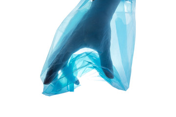Silhouette of hand try to catch and stuck in blue plastic bag isolated on white background, plastic pollution and environmental problem, global warming and zero waste concept.
