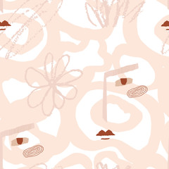 Abstract seamless pattern with hand drawn style flowers and leaves on a white background. Modern illustration in pastel colors for fabric design, textiles, wallpaper, paper packaging. Vector