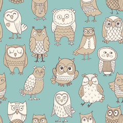 Vector seamless pattern of owls. Stylized hand drawing