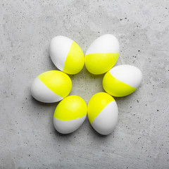 Six eggs lie on a gray background