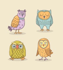 Vector Set of Line owls. Stylized hand drawing on Kraft paper