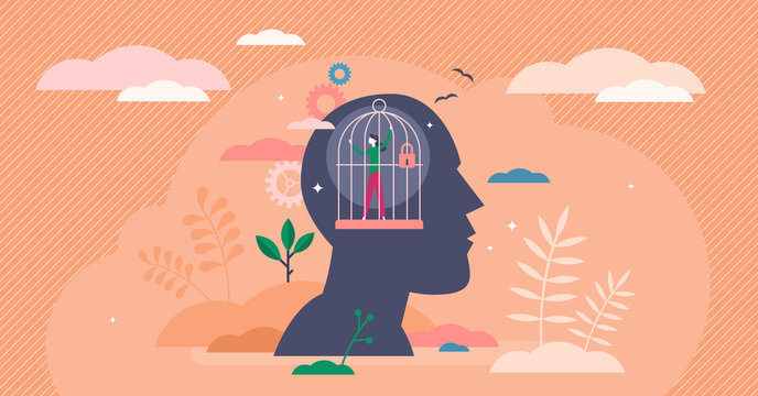 Mind Prison Psychological Concept, Flat Tiny Person Vector Illustration