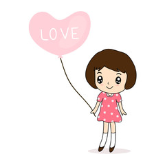 Love concept, Girl with a heart shaped balloon, text love on balloon, vector illustration