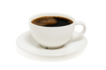 Black coffee in a white cup on plate top view isolated on white background. With clipping path