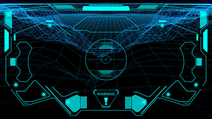 HUD Futuristic Screen Design Element Virtual Reality Aerial View Escort Security Technology. UI Information Interface In Cyberspace Scanning Landscape Geometric Wireframe..