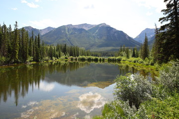 Fototapeta na wymiar Lake, Mountain lake, alpine meadows and rocky summits in the Rocky Mountains in Canada, British Columbia, West coast