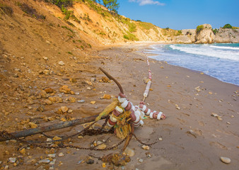 An old ship's anchor on the beach on the Black Sea coast at Kilimli Bay, near Agva, Sile, in north west Turkey